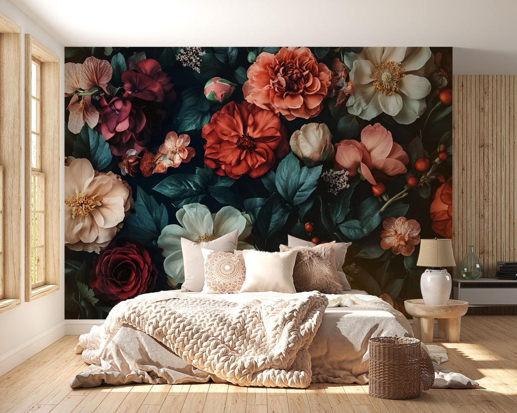 Dark Floral Wallpaper Mural – Boho Botanical Wall Art – Oversized Moody Flower Wall Decor for Bedroom – Romantic Gothic Gift