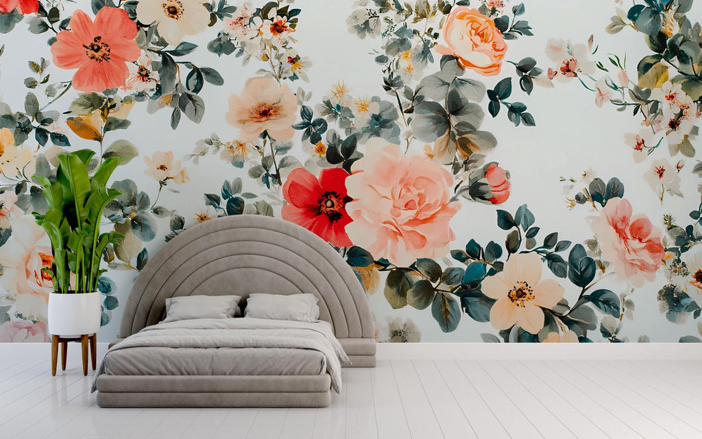 Boho Floral Wallpaper Mural – Colorful Botanical Wall Decor for Bedroom or Nursery – Romantic Cottagecore Peel & Stick Wall Art