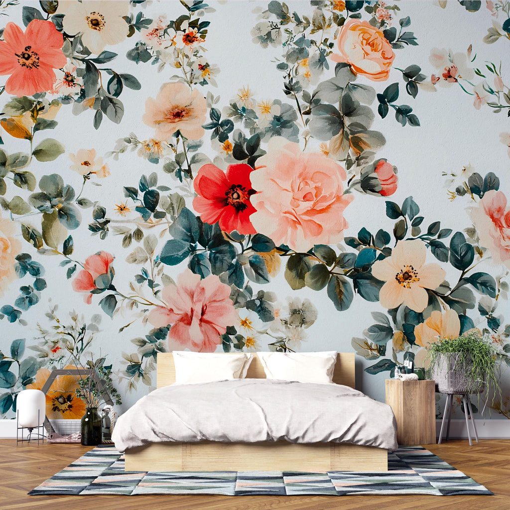 Boho Floral Wallpaper Mural – Colorful Botanical Wall Decor for Bedroom or Nursery – Romantic Cottagecore Peel & Stick Wall Art