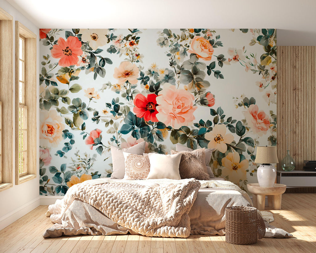 Boho Floral Wallpaper Mural – Colorful Botanical Wall Decor for Bedroom or Nursery – Romantic Cottagecore Peel & Stick Wall Art