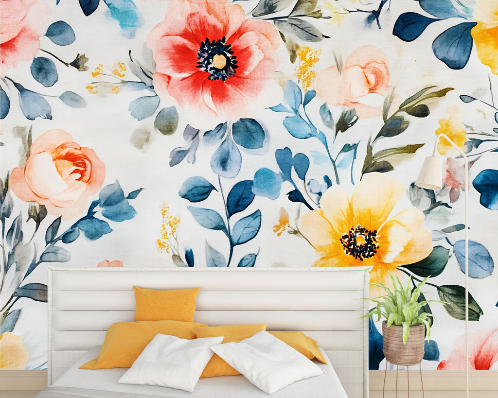 Boho Watercolor Floral Wallpaper Mural – Bright Poppies & Botanicals for Bedroom or Nursery – Removable Wall Art – Custom Sizes