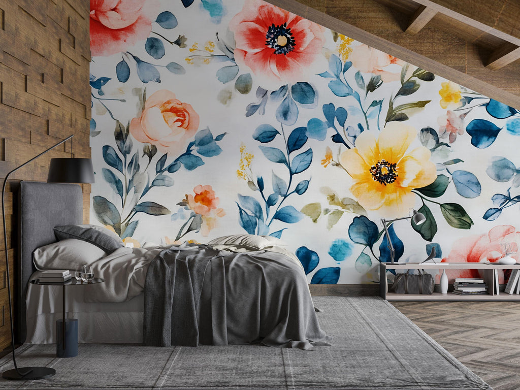 Boho Watercolor Floral Wallpaper Mural – Bright Poppies & Botanicals for Bedroom or Nursery – Removable Wall Art – Custom Sizes