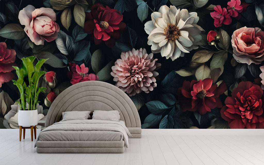Boho Dark Floral Wallpaper Mural – Moody Peony and Dahlia Vintage Flowers – Custom Wall Art for Bedroom or Studio – Peel & Stick
