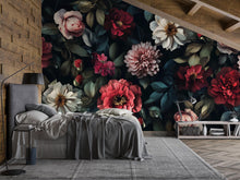 Load image into Gallery viewer, Boho Dark Floral Wallpaper Mural – Moody Peony and Dahlia Vintage Flowers – Custom Wall Art for Bedroom or Studio – Peel &amp; Stick