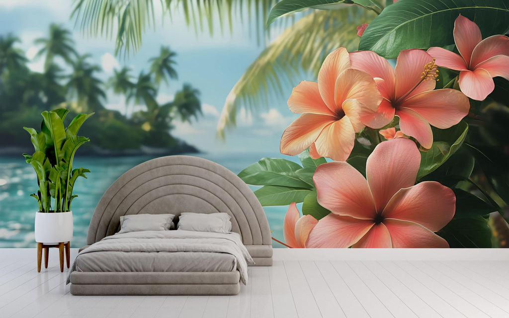 Tropical Hibiscus Wallpaper Mural – Boho Coastal Wall Decor with Ocean View – Peel & Stick or Paste – Beach Bedroom Wall Art