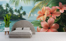 Load image into Gallery viewer, Tropical Hibiscus Wallpaper Mural – Boho Coastal Wall Decor with Ocean View – Peel &amp; Stick or Paste – Beach Bedroom Wall Art