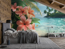 Load image into Gallery viewer, Tropical Hibiscus Wallpaper Mural – Boho Coastal Wall Decor with Ocean View – Peel &amp; Stick or Paste – Beach Bedroom Wall Art