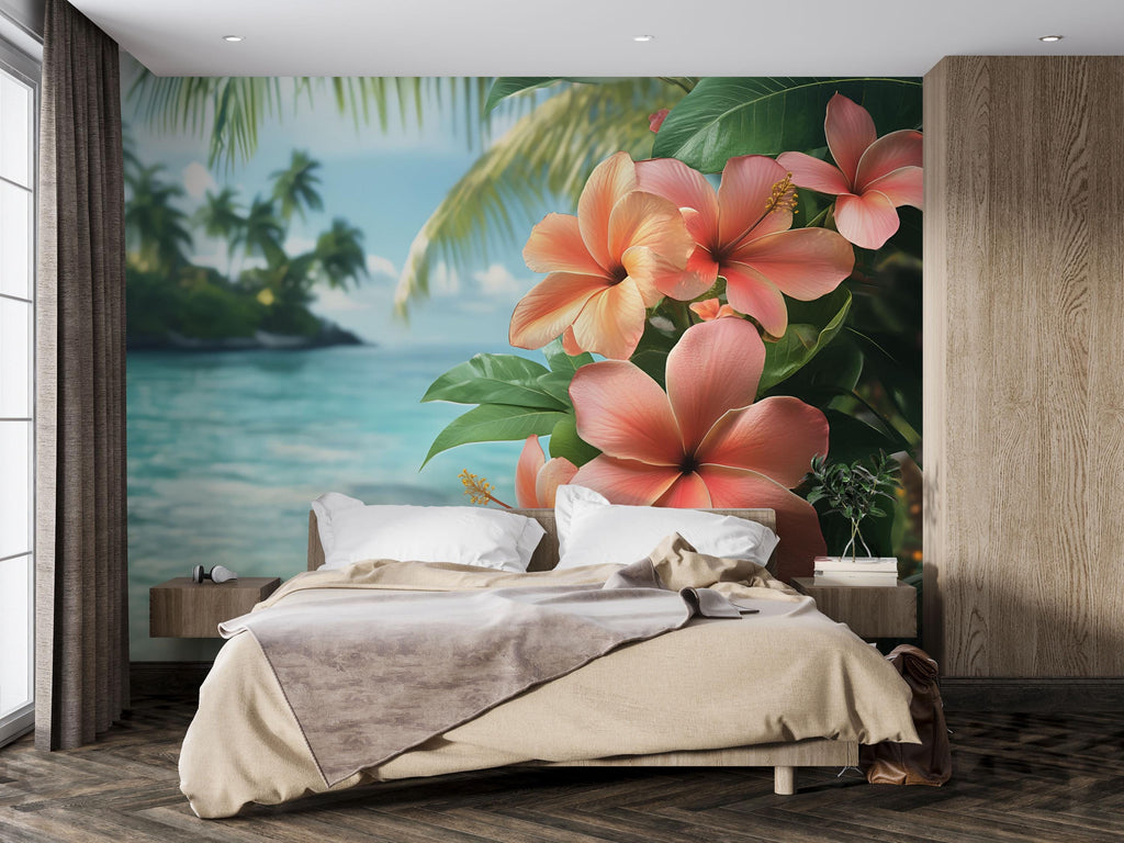 Tropical Hibiscus Wallpaper Mural – Boho Coastal Wall Decor with Ocean View – Peel & Stick or Paste – Beach Bedroom Wall Art