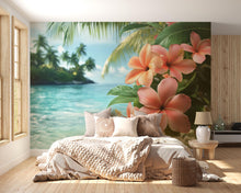 Load image into Gallery viewer, Tropical Hibiscus Wallpaper Mural – Boho Coastal Wall Decor with Ocean View – Peel &amp; Stick or Paste – Beach Bedroom Wall Art