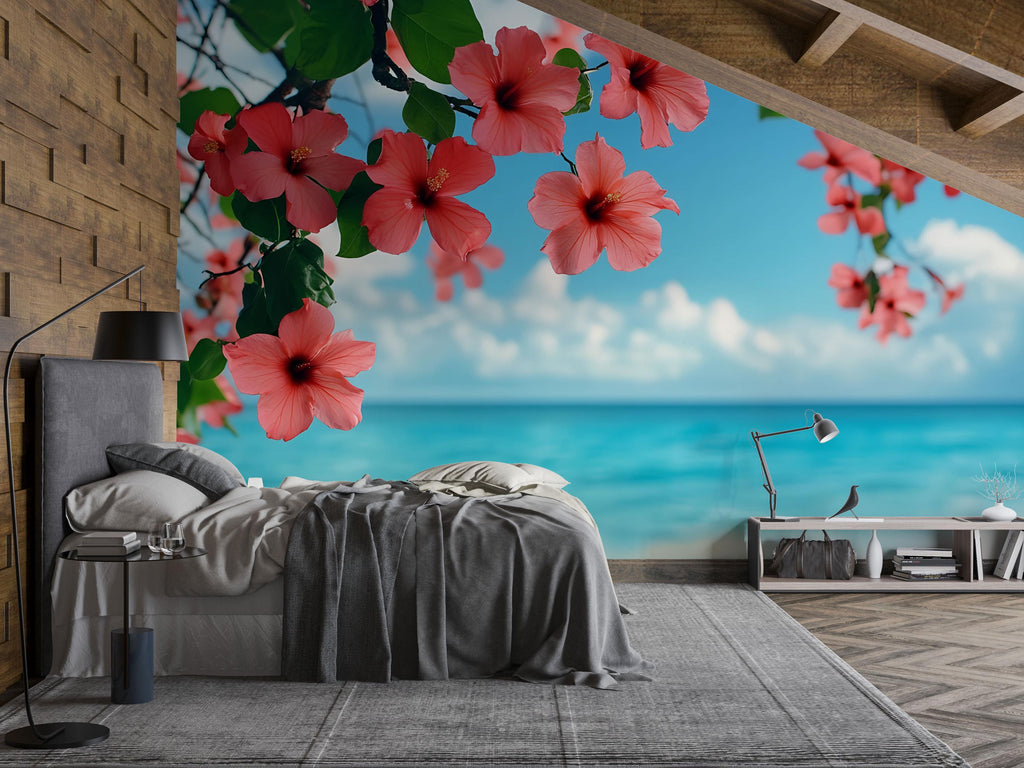 Island Paradise Hibiscus Wallpaper Mural – Beach Floral Wall Decor – Tropical Ocean View – Peel & Stick or Paste – Bedroom Coastal Accent
