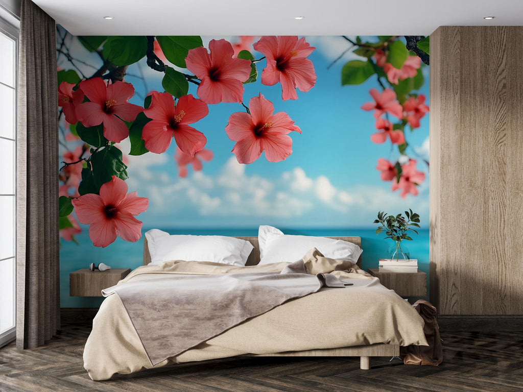 Island Paradise Hibiscus Wallpaper Mural – Beach Floral Wall Decor – Tropical Ocean View – Peel & Stick or Paste – Bedroom Coastal Accent
