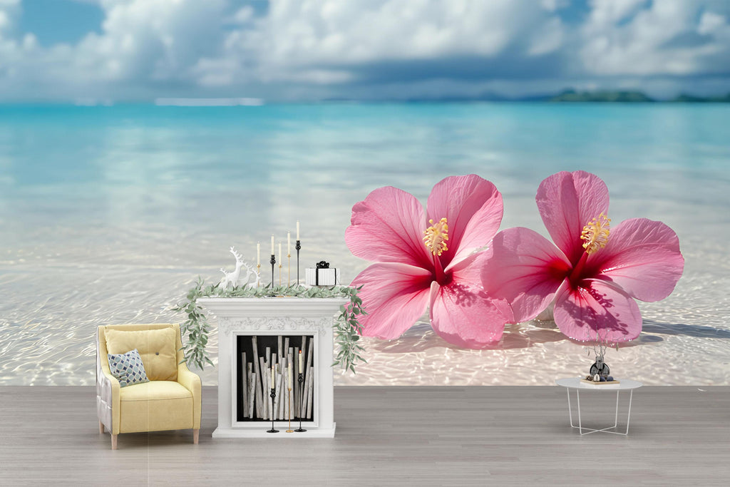 Pink Hibiscus Beach Wallpaper Mural – Tropical Island Wall Art – Ocean Floral Decor – Peel and Stick or Paste – Boho Coastal Bedroom Accent