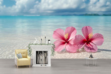 Load image into Gallery viewer, Pink Hibiscus Beach Wallpaper Mural – Tropical Island Wall Art – Ocean Floral Decor – Peel and Stick or Paste – Boho Coastal Bedroom Accent