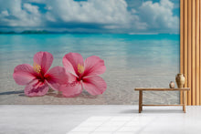 Load image into Gallery viewer, Pink Hibiscus Beach Wallpaper Mural – Tropical Island Wall Art – Ocean Floral Decor – Peel and Stick or Paste – Boho Coastal Bedroom Accent
