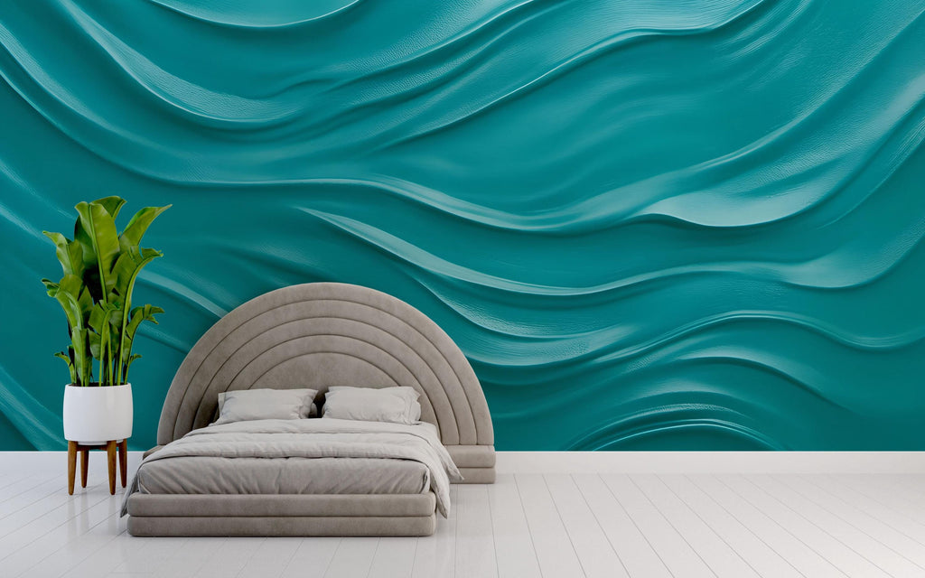 3D Turquoise Wallpaper Mural for Bedroom – Modern Wavy Texture Wall Decor – Aqua Blue Wave Wall Art – Contemporary Textured Accent Wall