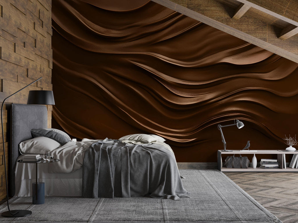 Dark Brown 3D Wallpaper Mural – Textured Wall Art for Bedroom or Office – Modern Wavy Accent Wall Decor – Earth Tone Contemporary Wallpaper