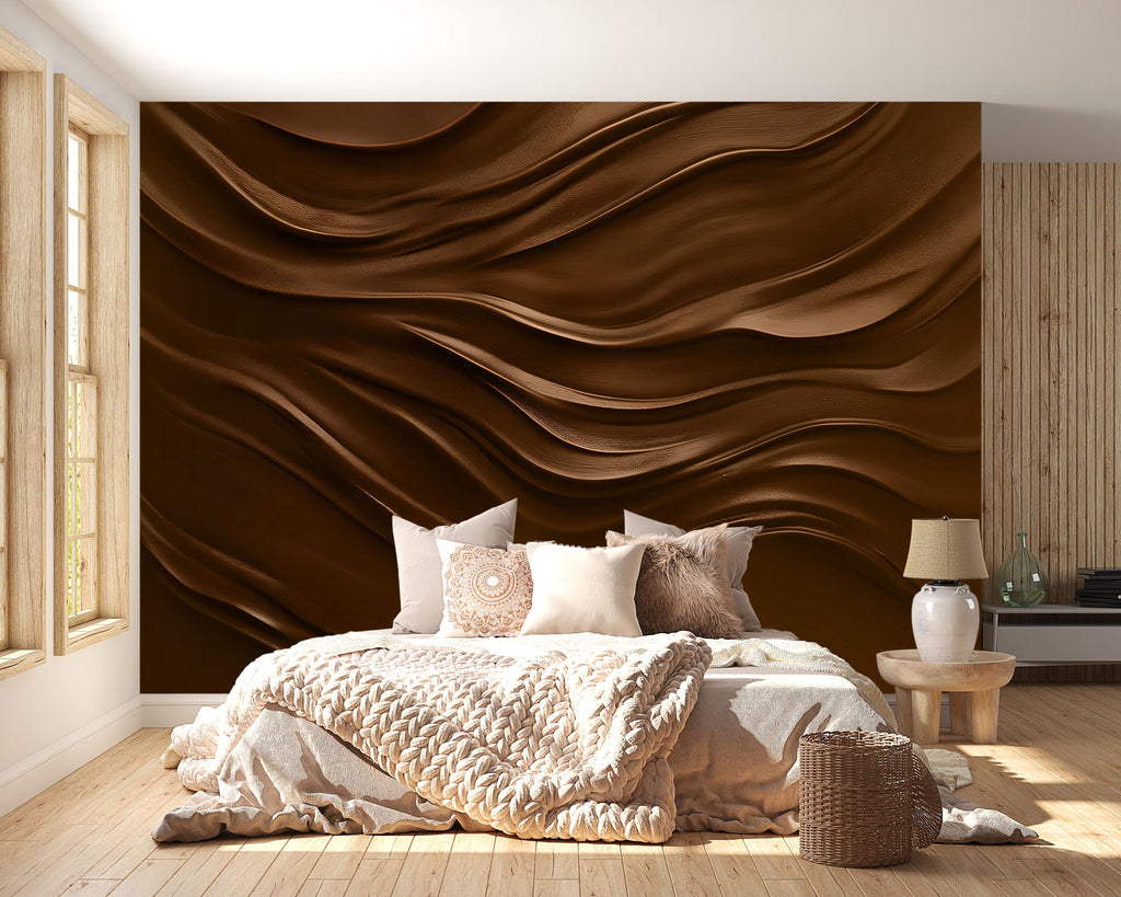 Dark Brown 3D Wallpaper Mural – Textured Wall Art for Bedroom or Office – Modern Wavy Accent Wall Decor – Earth Tone Contemporary Wallpaper
