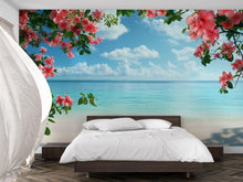 Load image into Gallery viewer, Tropical Beach Wallpaper Mural with Hibiscus Flowers – Island Paradise Wall Art – Ocean Coastal Floral Wallpaper – Summer Bedroom