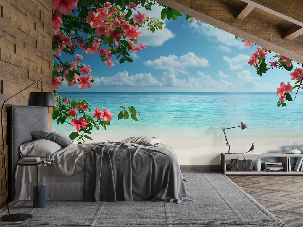 Tropical Beach Wallpaper Mural with Hibiscus Flowers – Island Paradise Wall Art – Ocean Coastal Floral Wallpaper – Summer Bedroom