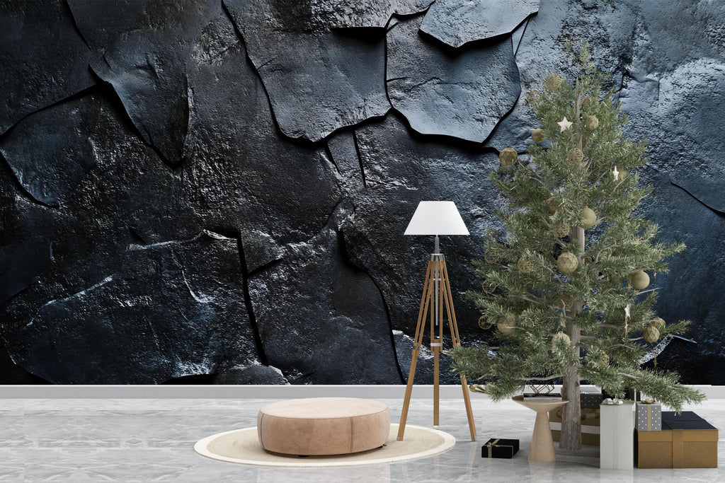 3D Slate Texture Wallpaper – Dark Rock Stone Wall Mural for Living Room or Office – Realistic Industrial Wallpaper – Modern Black Stone Wall