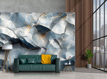 Load image into Gallery viewer, 3D Textured Rock Wallpaper – Blue Stone Wall Mural with Gold Veins – Realistic Geode Texture Wallpaper for Modern Living Room Office