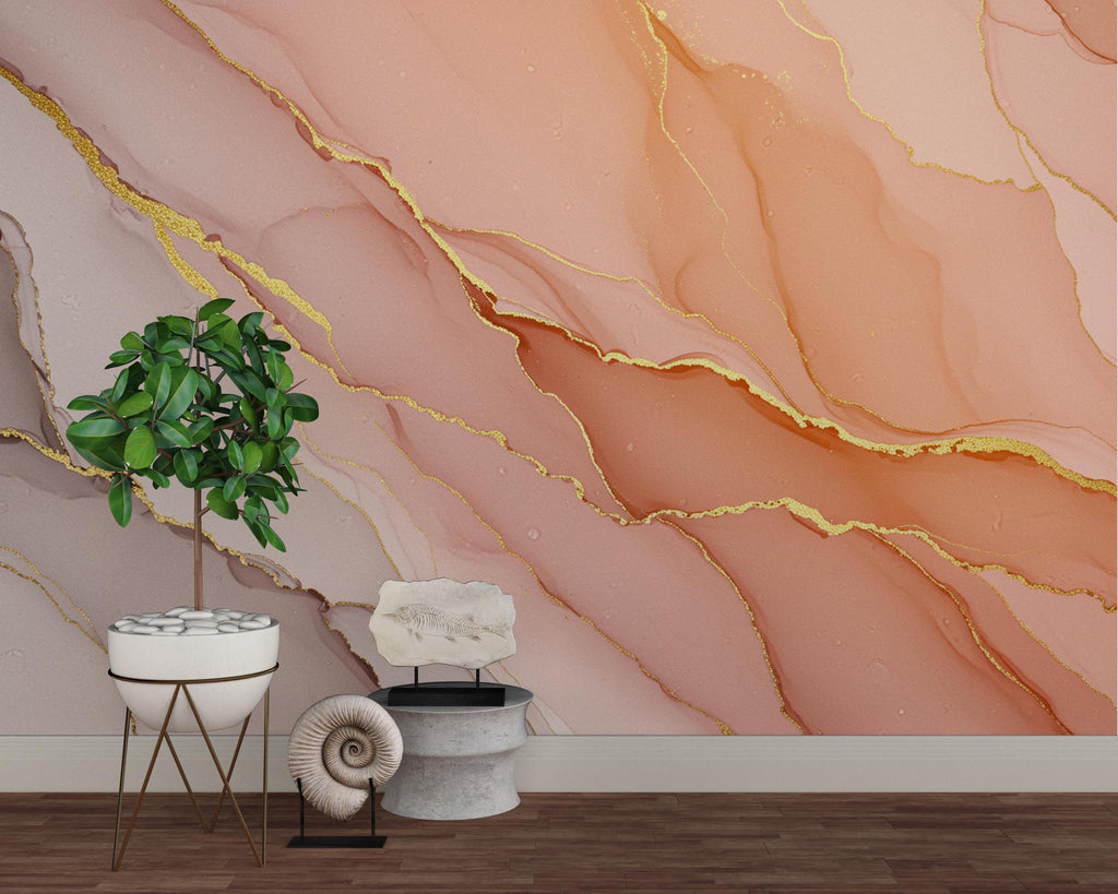 Blush Pink Marble Wallpaper with Gold Veins | Soft Feminine Luxurious Peel and Stick Wall Mural | Modern Chic Bathroom Decor Wallpaper 777RS