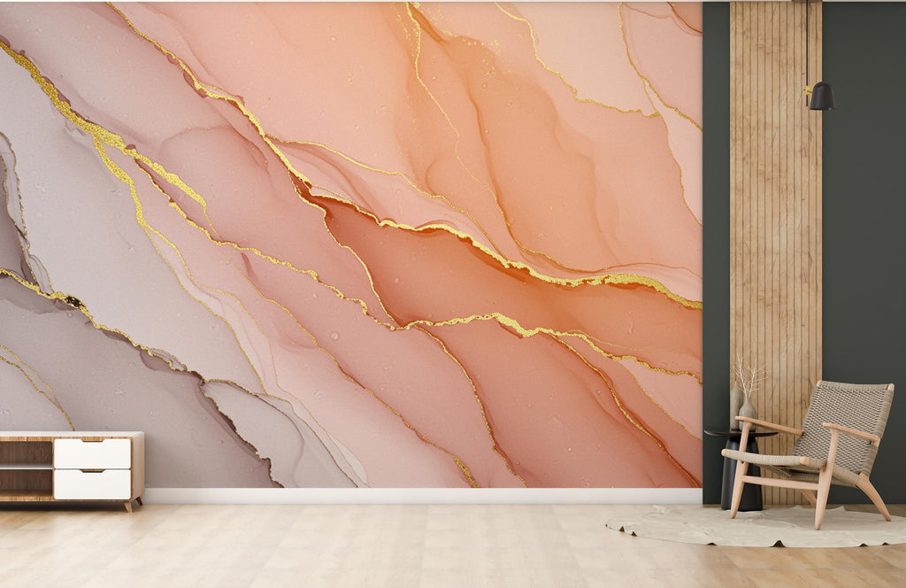 Blush Pink Marble Wallpaper with Gold Veins | Soft Feminine Luxurious Peel and Stick Wall Mural | Modern Chic Bathroom Decor Wallpaper 777RS