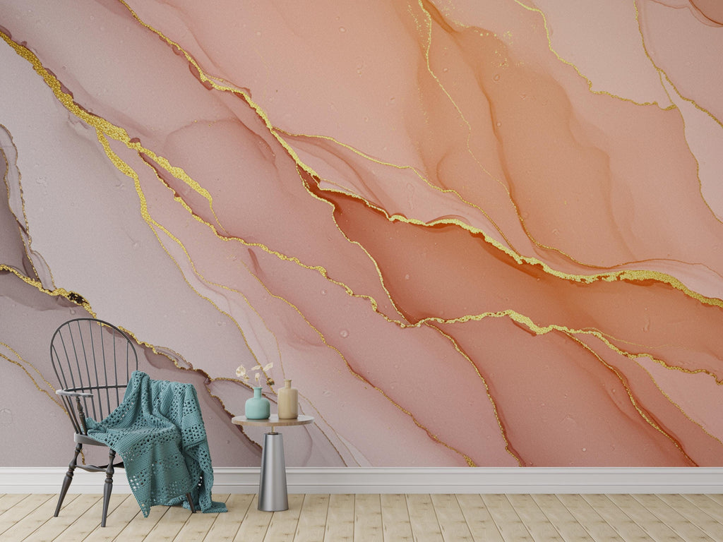 Blush Pink Marble Wallpaper with Gold Veins | Soft Feminine Luxurious Peel and Stick Wall Mural | Modern Chic Bathroom Decor Wallpaper 777RS