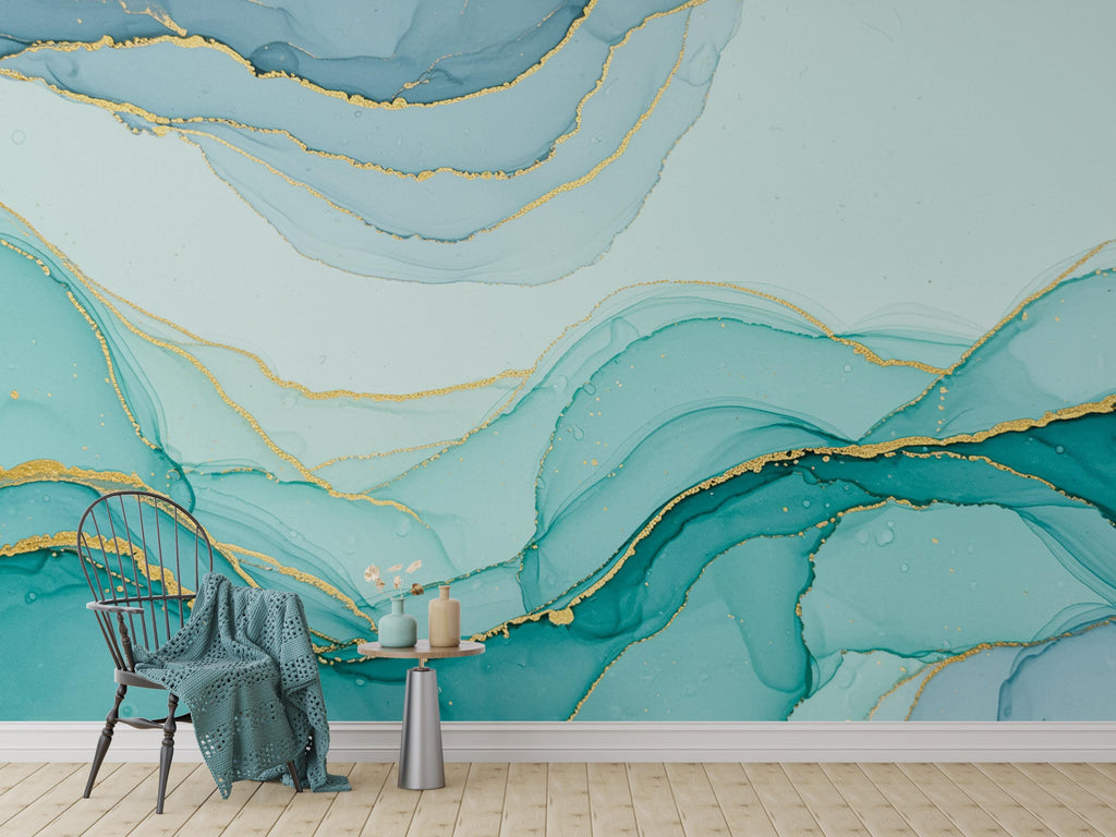 Seafoam Green Watercolor Wave Wallpaper Gold Accents | Abstract Ocean Peel and Stick Wall Mural | Tranquil Luxury Coastal Wallpaper 778RS