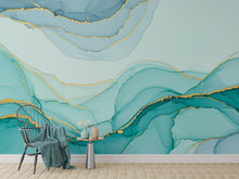 Load image into Gallery viewer, Seafoam Green Watercolor Wave Wallpaper Gold Accents | Abstract Ocean Peel and Stick Wall Mural | Tranquil Luxury Coastal Wallpaper 778RS