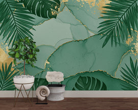Emerald Palm Leaf Wallpaper with Gold Foil Accents | Luxurious Tropical Peel and Stick Wall Mural | Spa-Inspired Green Bathroom Decor 779RS