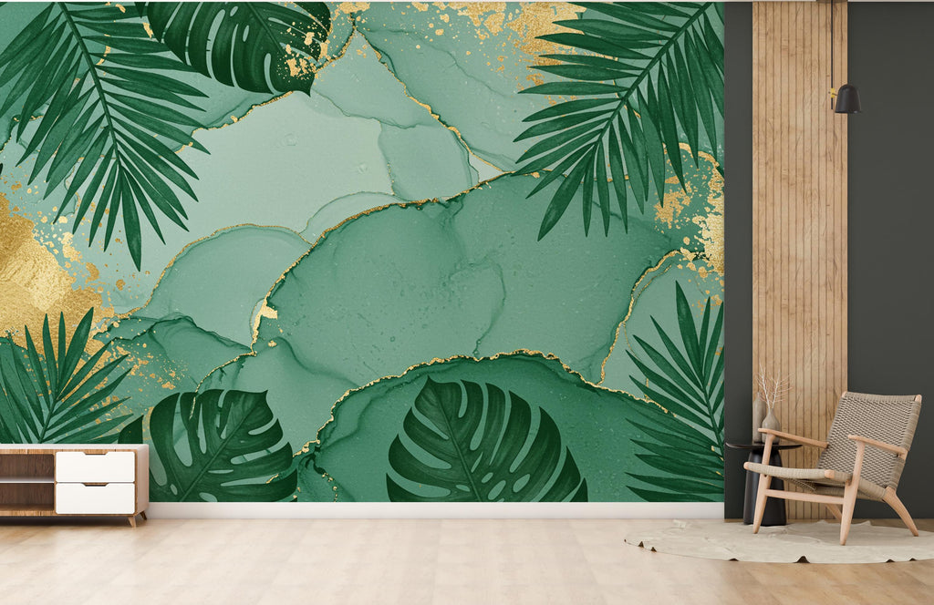 Emerald Palm Leaf Wallpaper with Gold Foil Accents | Luxurious Tropical Peel and Stick Wall Mural | Spa-Inspired Green Bathroom Decor 779RS