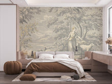 Load image into Gallery viewer, Toile de Jouy Wallpaper in Soft Grey White with Gold Outlining | Vintage Pastoral Peel and Stick Mural | Luxury French Bathroom Decor 780RS