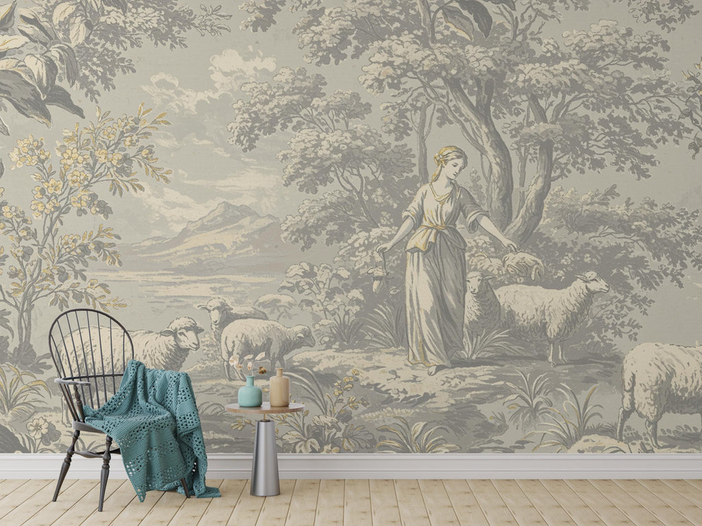 Toile de Jouy Wallpaper in Soft Grey White with Gold Outlining | Vintage Pastoral Peel and Stick Mural | Luxury French Bathroom Decor 780RS
