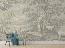 Load image into Gallery viewer, Toile de Jouy Wallpaper in Soft Grey White with Gold Outlining | Vintage Pastoral Peel and Stick Mural | Luxury French Bathroom Decor 780RS