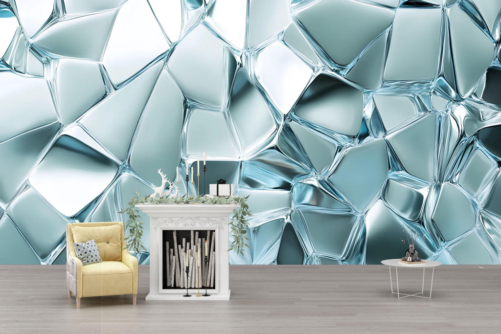 3D Ice Texture Wallpaper Mural for Walls | Modern Abstract Blue Cracked Glass Look Wall Art | Cool Textured Wall Decor for Bedroom