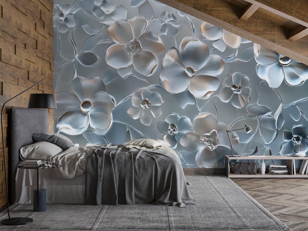 3D Glass Floral Wallpaper Mural – Elegant Silver Bloom Wall Art for Bedroom or Living Room | Modern Textured Wall Decor | Custom Size