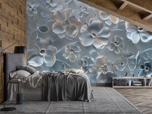 Load image into Gallery viewer, 3D Glass Floral Wallpaper Mural – Elegant Silver Bloom Wall Art for Bedroom or Living Room | Modern Textured Wall Decor | Custom Size