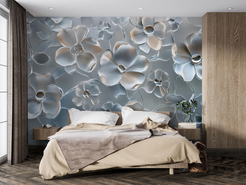 3D Glass Floral Wallpaper Mural – Elegant Silver Bloom Wall Art for Bedroom or Living Room | Modern Textured Wall Decor | Custom Size