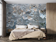 Load image into Gallery viewer, 3D Glass Floral Wallpaper Mural – Elegant Silver Bloom Wall Art for Bedroom or Living Room | Modern Textured Wall Decor | Custom Size