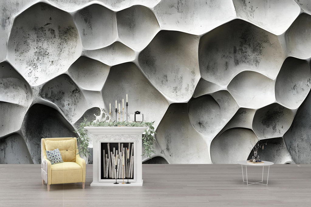 3D Honeycomb Concrete Texture Wallpaper – Abstract Modern Wall Mural for Living Room, Office or Loft | Industrial Wall Decor