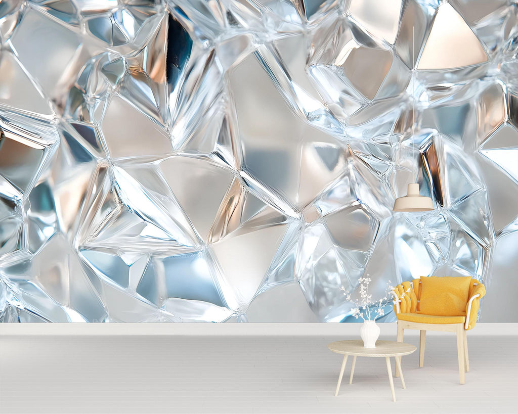 3D Crystal Ice Shard Wallpaper – Abstract Textured Glass Wall Mural for Modern Interiors | Cool Blue Wall Art for Office, Bedroom, Loft