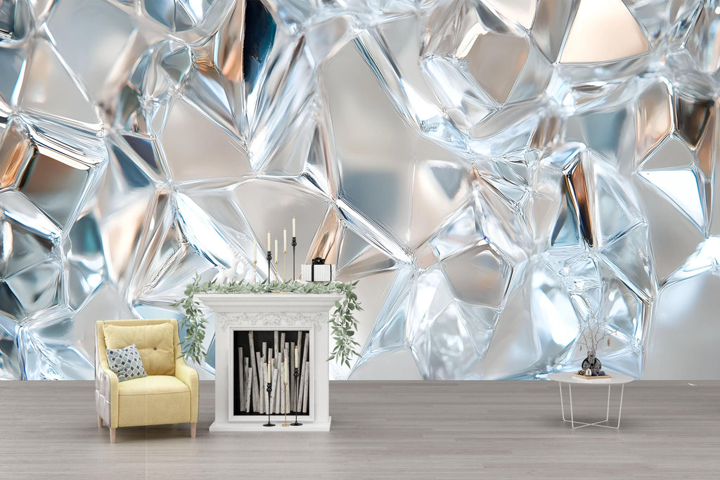 3D Crystal Ice Shard Wallpaper – Abstract Textured Glass Wall Mural for Modern Interiors | Cool Blue Wall Art for Office, Bedroom, Loft