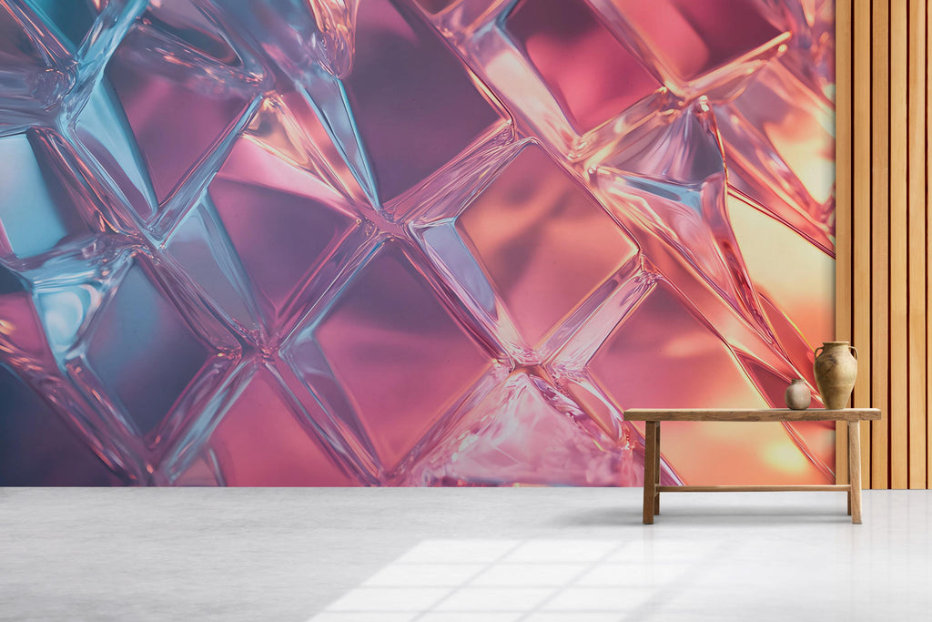 3D Holographic Crystal Wallpaper – Iridescent Glass Textured Wall Mural in Pink Purple & Blue | Modern Peel and Stick Wall Art