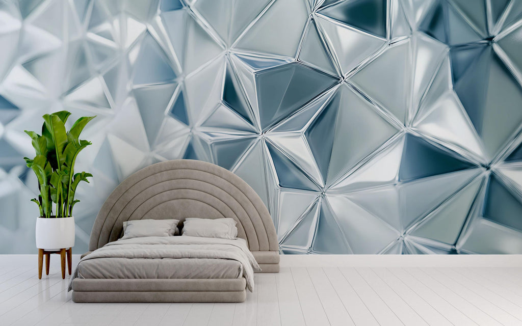3D Geometric Crystal Wallpaper – Silver Blue Prism Wall Mural | Faceted Texture Peel & Stick Wall Decor | Modern Abstract Accent Wall