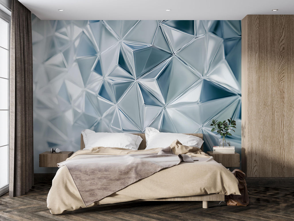 3D Geometric Crystal Wallpaper – Silver Blue Prism Wall Mural | Faceted Texture Peel & Stick Wall Decor | Modern Abstract Accent Wall