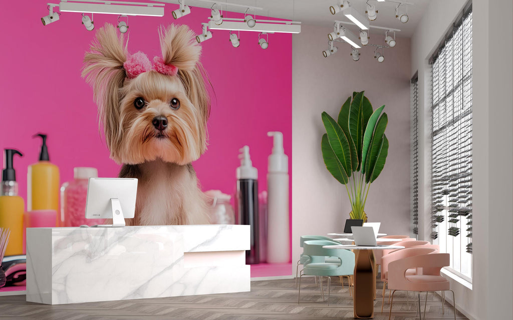 Dog Grooming Salon Wallpaper Mural – Cute Yorkie Dog Wall Art for Pet Spa, Pet Grooming Shop Decor – Bright Pink Pet Salon Backdrop Wall