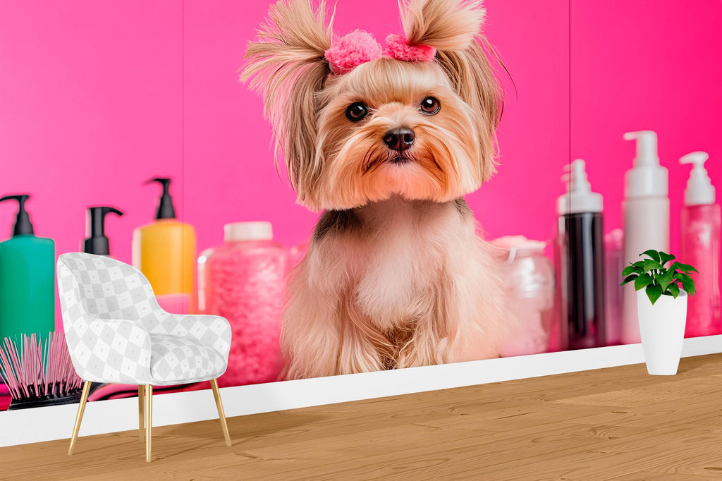 Dog Grooming Salon Wallpaper Mural – Cute Yorkie Dog Wall Art for Pet Spa, Pet Grooming Shop Decor – Bright Pink Pet Salon Backdrop Wall