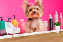Load image into Gallery viewer, Dog Grooming Salon Wallpaper Mural – Cute Yorkie Dog Wall Art for Pet Spa, Pet Grooming Shop Decor – Bright Pink Pet Salon Backdrop Wall