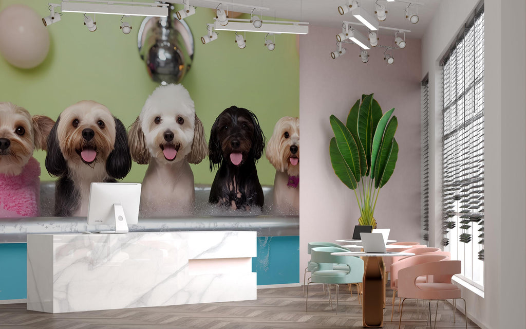 Dog Grooming Salon Wallpaper – Adorable Dog Bubble Bath Mural for Pet Spa, Groomer Backdrop, Pet Salon Decor – Cute Dog Wash Wall Art Wall